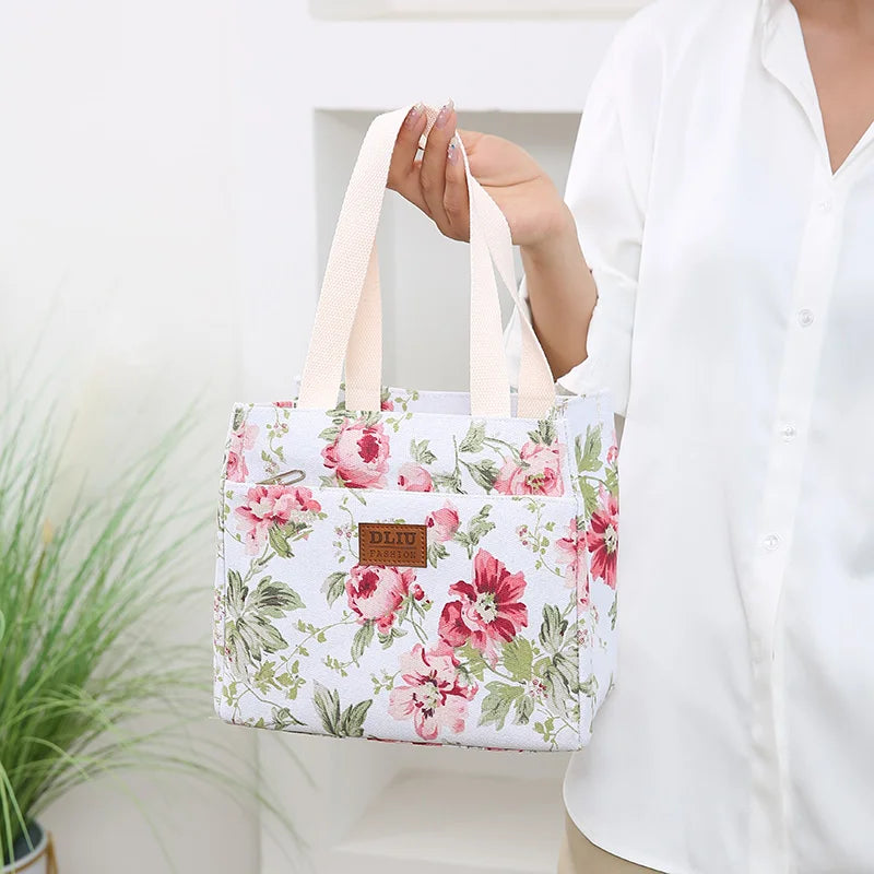 Bolsa de almuerzo estética con estampado floral, bolsa bento aislada de gran capacidad, bolsa térmica para la escuela, el trabajo, los viajes y pícnic