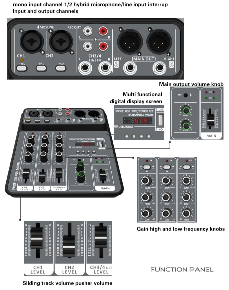 Mélangeur Audio DJ 4 Canaux USB Bluetooth — Console Mixage 48V Karaoké & Studio