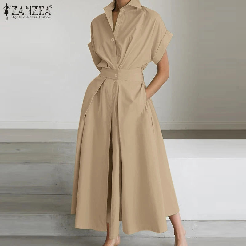 Femmes été OL Robe de travail ZANZEA élégant à manches courtes bureau Robe d'été décontracté solide une ligne boutons vacances robes caftan Robe