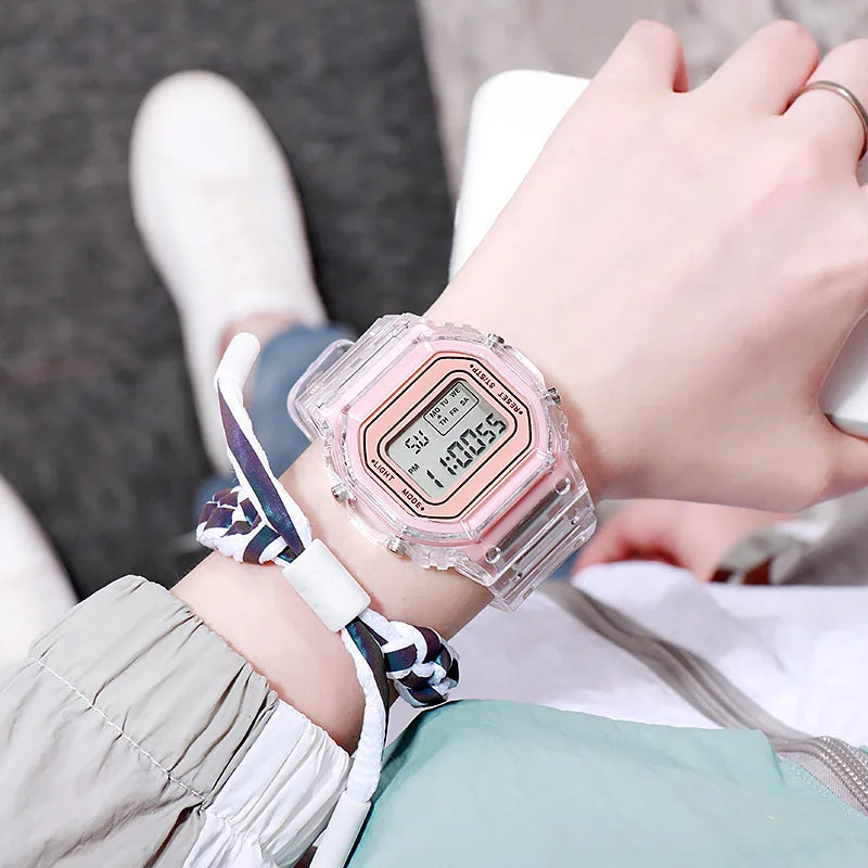Reloj digital LED transparente para niños, hombres y mujeres, dial cuadrado pequeño, luminoso, deportivo, pulsera electrónica, reloj infantil