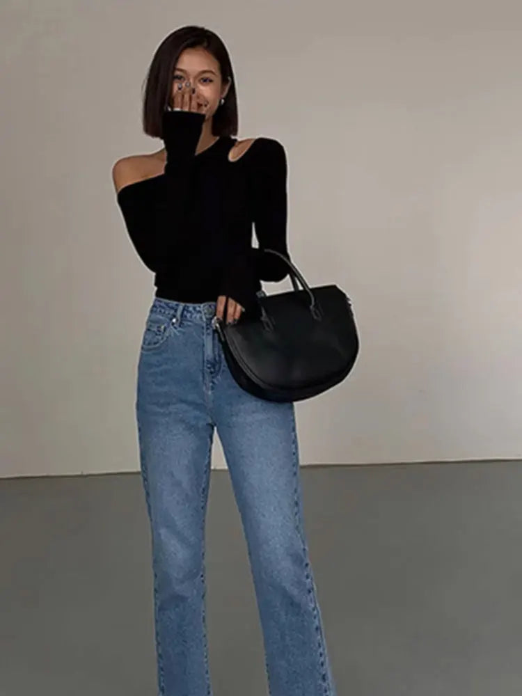 Camisetas de mujer de manga larga con cuello inclinado y hombros descubiertos, camisetas de manga larga ajustadas de color liso para primavera, camisetas ahuecadas sexys