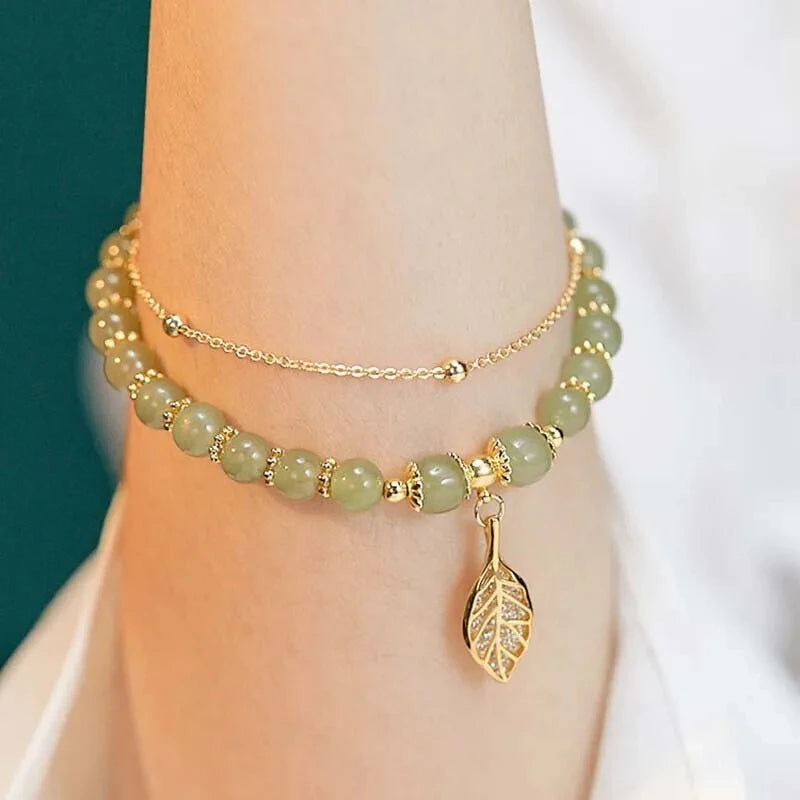 Chinese Style Green Jade Bracelet for Women, Exquisite Gold Color, Leaves, Double Chain Bracelet, Gifts for Girls