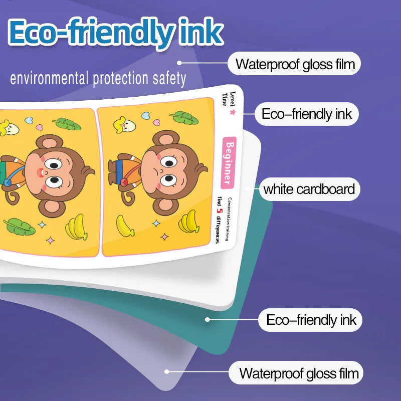 Juego de cartas educativo y reutilizable de dibujos animados para niños Encuentra las diferencias Encuentra niveles de dificultad para entrenar la atención y la concentración