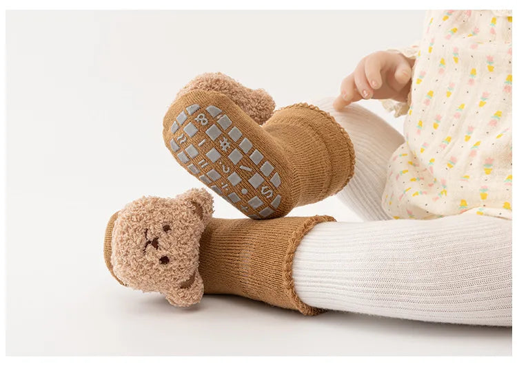 Chaussettes coordonnantes en coton doux pour bébé, chaussettes épaisses pour enfants, nouveau-né, tout-petit, mignon, ours de dessin animé, solide, garçons, filles, hiver, nouveau