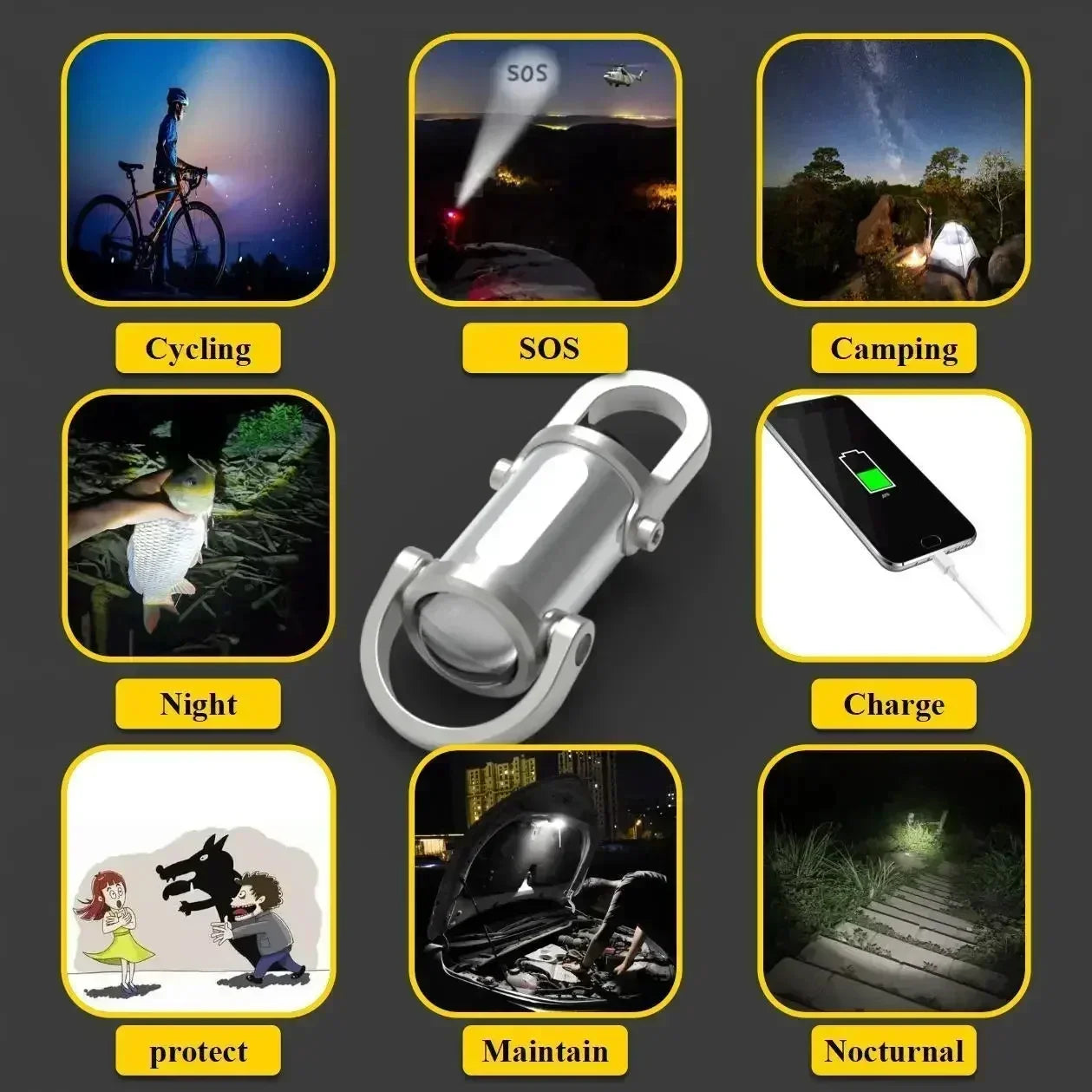 Mini lampe de poche porte-clés Rechargeable, lampe de travail COB, crochet extérieur, voyant d'avertissement d'urgence pour Camping, marche, randonnée