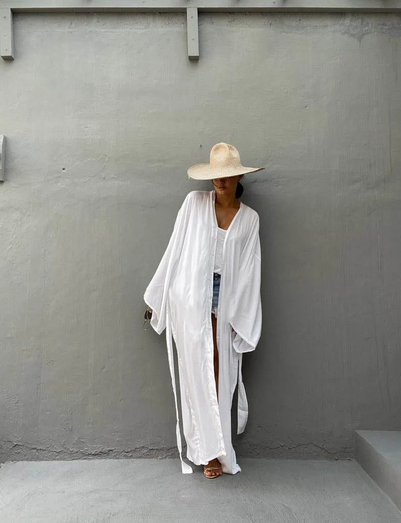 Robe de Plage Longue avec Ceinture pour Femme, Kimono Sexy, Cardigan d'Été, 5 Couleurs Unies