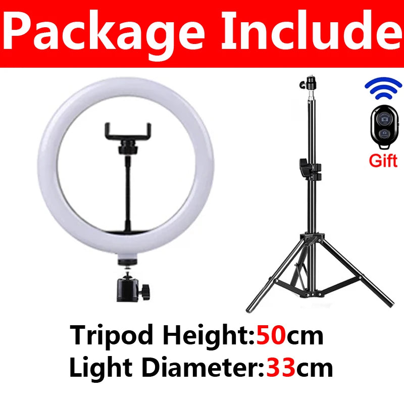Anneau Lumineux LED Selfie 16/26/33 cm — Trépied, Télécommande Bluetooth, Éclairage Vidéo