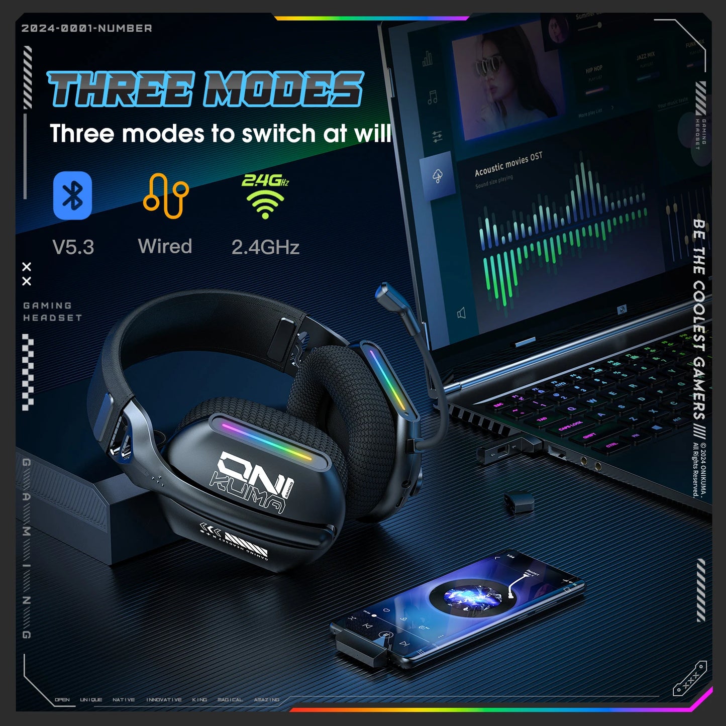 Onikuma Gt808 Three-Mode Wireless E-sports Gaming Headset with Microphone, RGB Lighting, Supports Bluetooth 5.3 / 2.4g / Aux 3.5mm