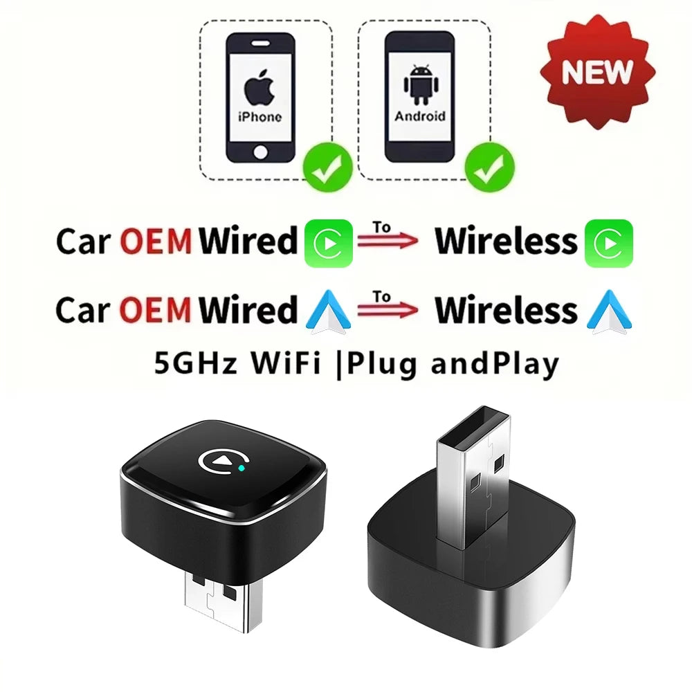 Wired to Wireless 2-in-1 Car Adapter CarPlay Android for OEM Car Radio with USB Plug and Play