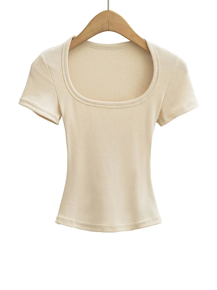 Haut court à col carré pour femmes, coupe cintrée, pull à manches courtes, très extensible, chemisier d'été Sexy, T-shirt pour le fond