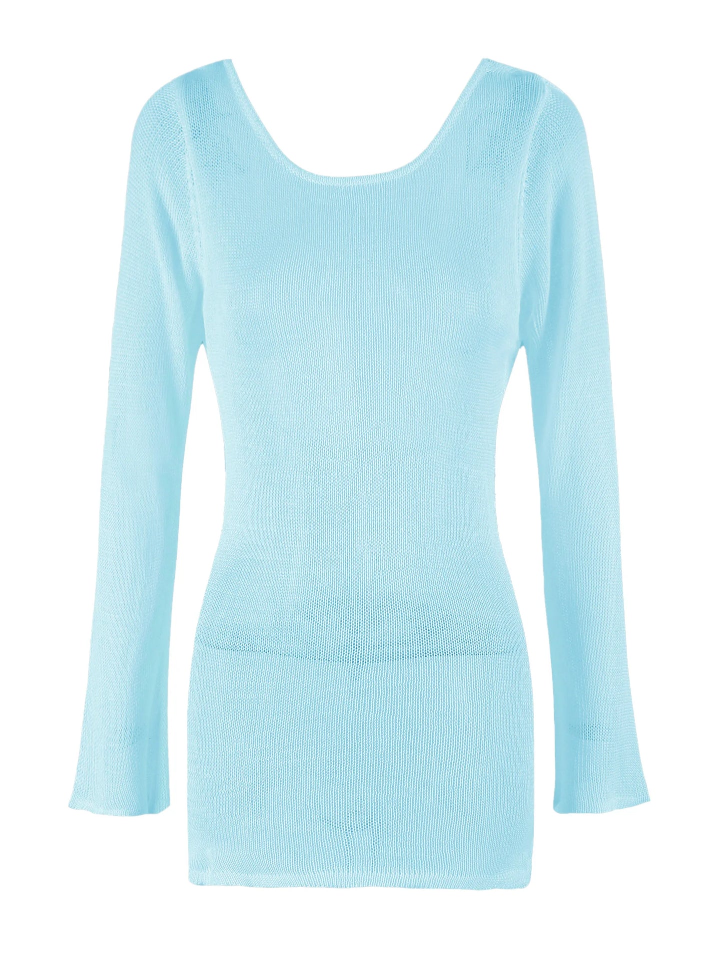 Robe de plage en tricot transparent pour femmes, dos nu, manches cloche, couleur unie, coverups de bain, élégante, col rond, mini, été, 2025, K98