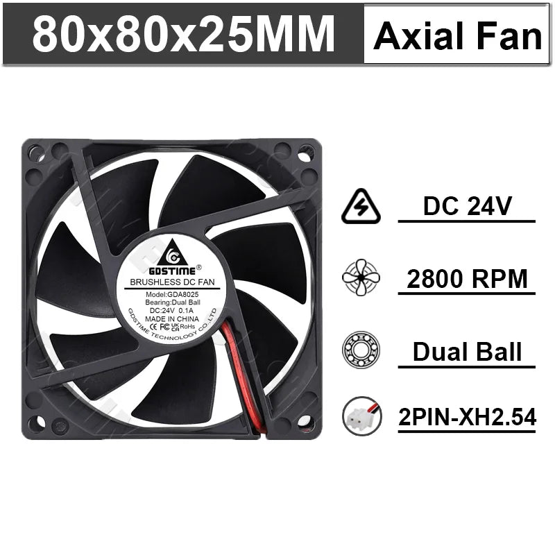 Ventilateur de refroidissement Gdstime 8025 2 broches 48V DC 5V 12V 24V 80mm, ventilateur axial USB à double roulement à billes 80x80x25mm, ventilateur de refroidissement pour boîtier PC 8CM