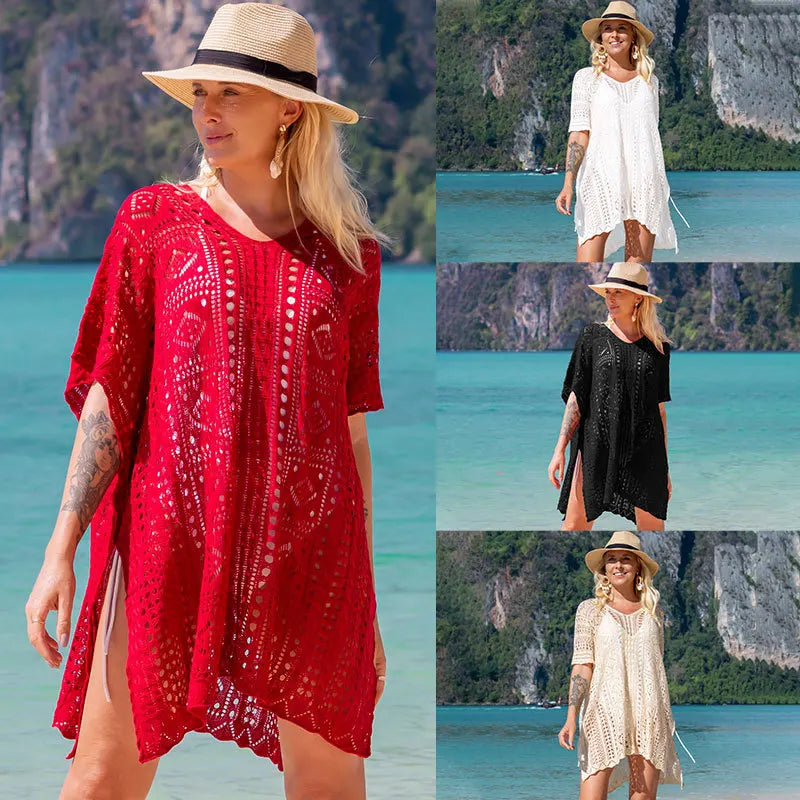 Robe tunique longue crochet blanc tricoté — plage, paréo, bikini, cache-maillot, 2025