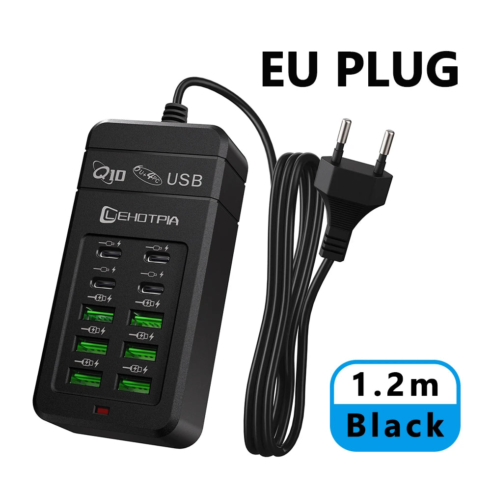 Multi-Fast USB Charger, EU UK US Plug, Power Adapter, 1.2m Extension Cord, 6 USB-A 4 USB-C, Portable for Mobile Phone