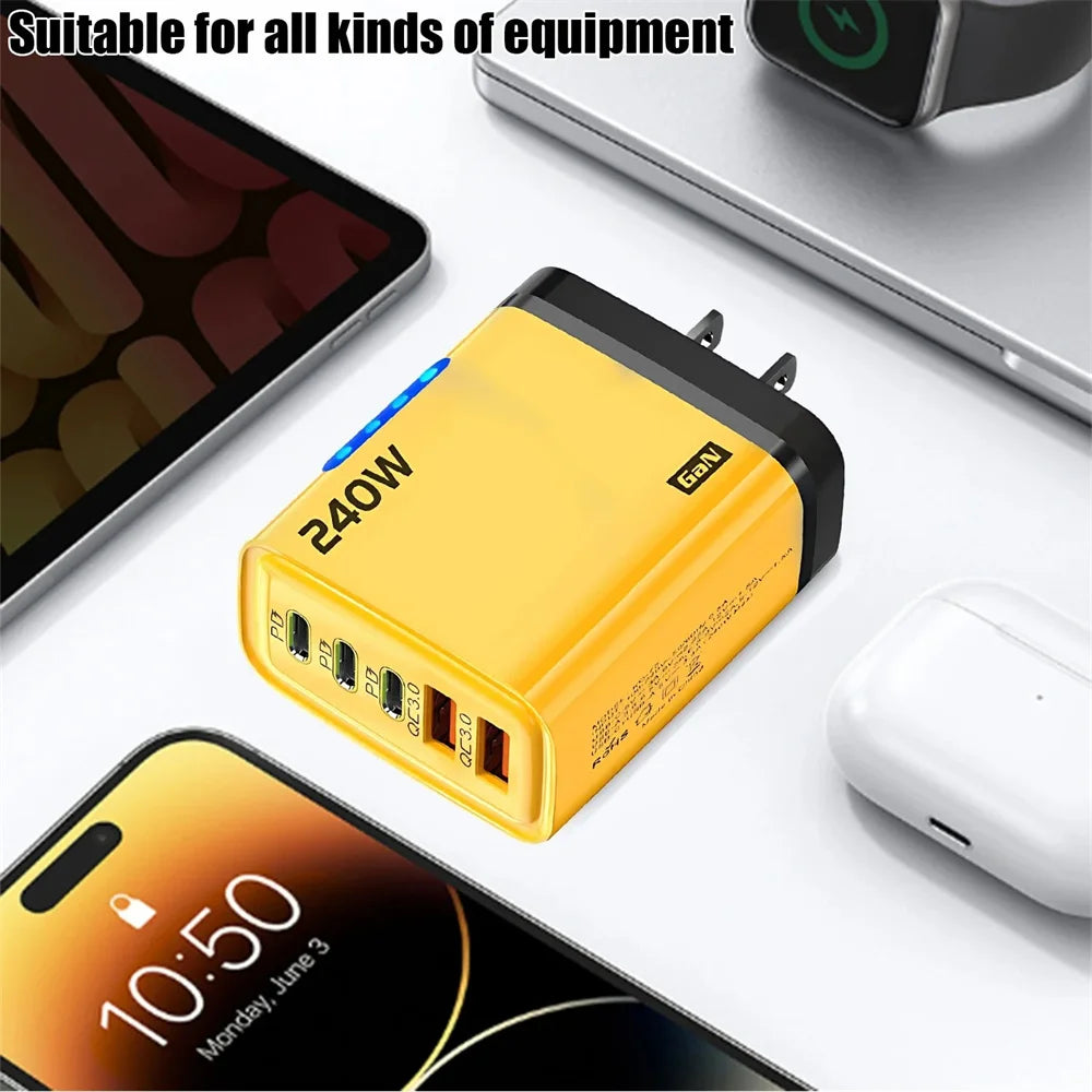 240W 5-in-1 GaN Phone Charger, 10A Fast Charging Adapter, USB to Type-C Cable, 3 PD Ports, 2 USB Ports, for iPhone 16 15 Pro, Xiaomi