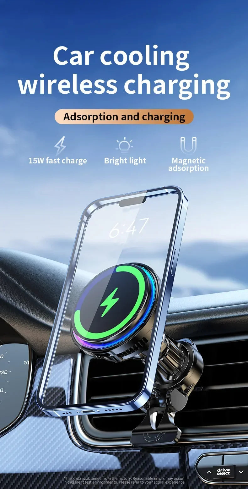 Support de chargeur de voiture magnétique sans fil à refroidissement par glace pour iPhone 16 15 14 13 12 Pro Max MagSafe – Station de charge rapide et support de téléphone pour voiture