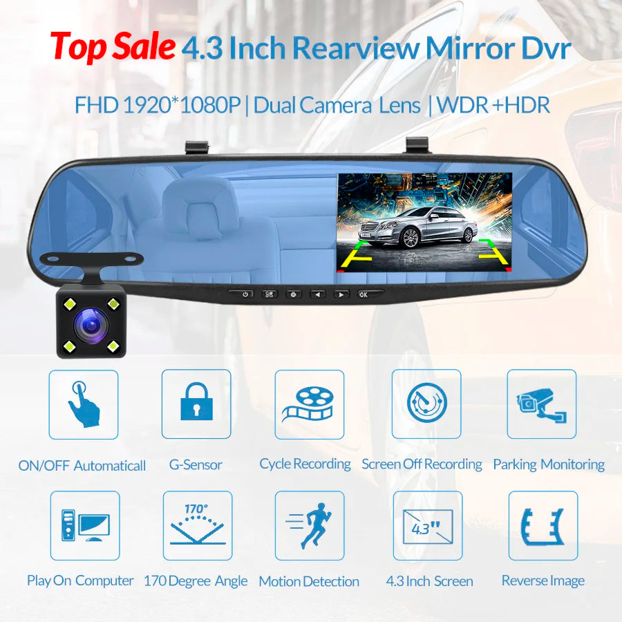 Dashcam 4,3" 1080P Rétroviseur DVR — Double Lentille Caméra Recul Boîte Noire