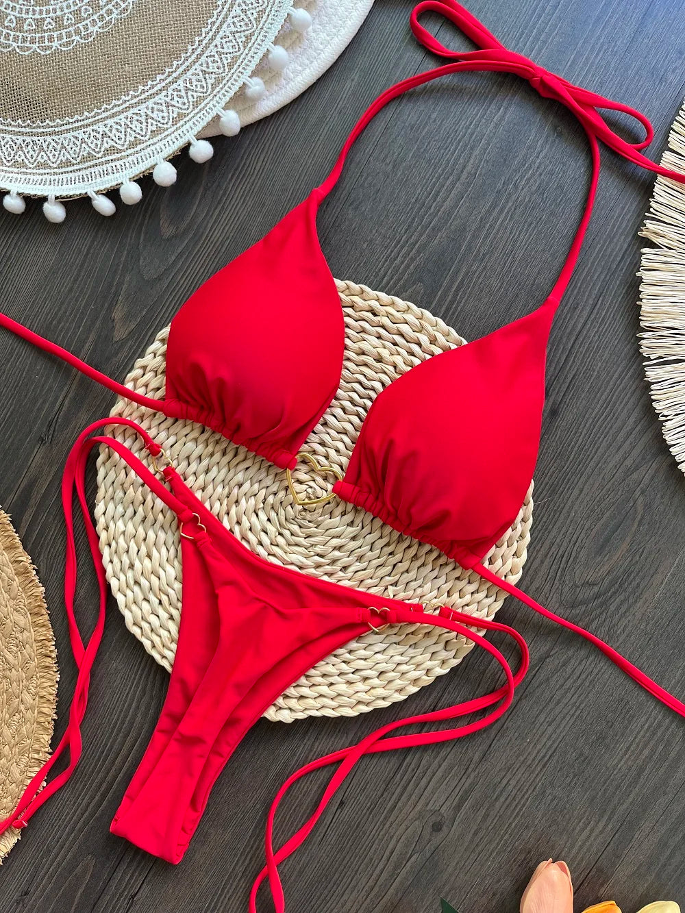 RUOTONSEPT-Maillot de bain deux pièces sexy pour femme, bikini brésilien, couleur unie, col licou, triangle, culotte tanga