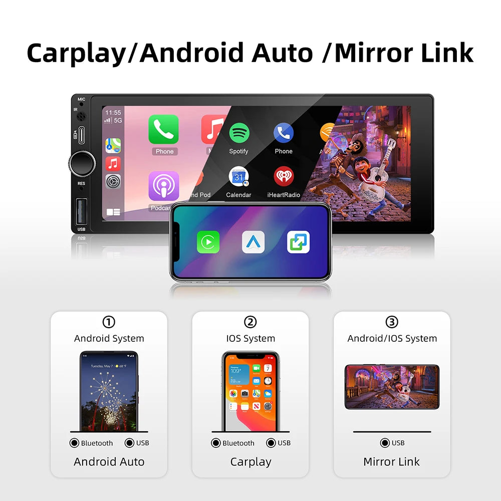 Autorradio universal MP5 de 1DIN y 6.86 pulgadas, compatible con Carplay inalámbrico, Android AUTO, AUX, USB, BT, pantalla táctil y reproductor de video multimedia.