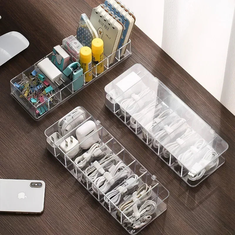 Clear Plastic Data Cable Storage Box, Household Cable, Mobile Phone Charger, Charging Cable Finishing Box, Divided Grid Box