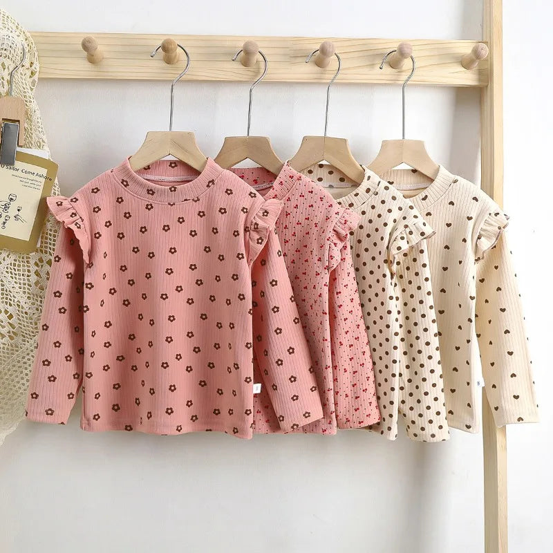 Kids Long Sleeve Undershirt, Cute Floral Polka Dot T-shirt, Soft Y-Shirt for Kids, Boys and Girls, 2-10T