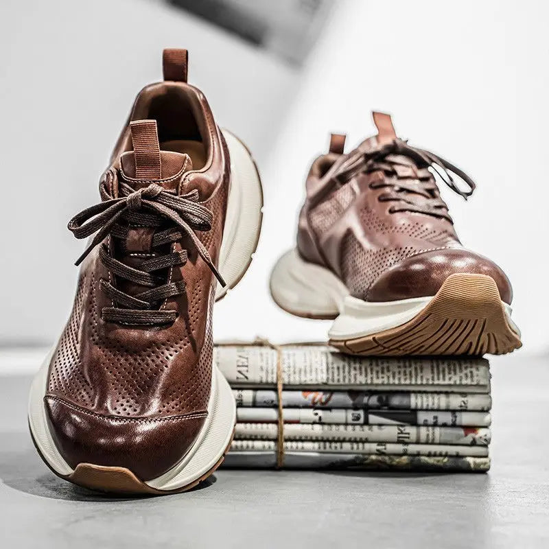 Men's Retro Winter Sneakers, British Style Luxury Casual Leather Shoes, Lightweight, for Outdoor Leisure, New Collection 2025