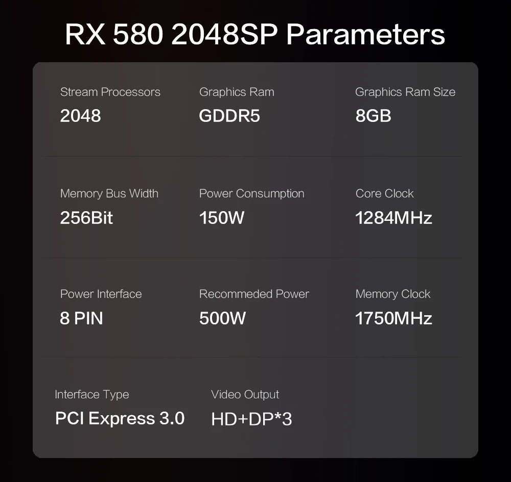 MLLSE AMD RX 580 8GB 2048SP carte graphique De jeu GDDR5 256Bit PCI-E 3.0 × 16 8Pin Radeon GPU Rx 580 carte vidéo Placa De vidéo