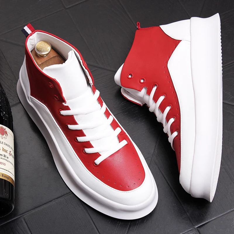 Men's Designer Red White Cowhide Leather Boots Beautiful Flats Platform Ankle Boot Botas Masculinas Men's Shoes