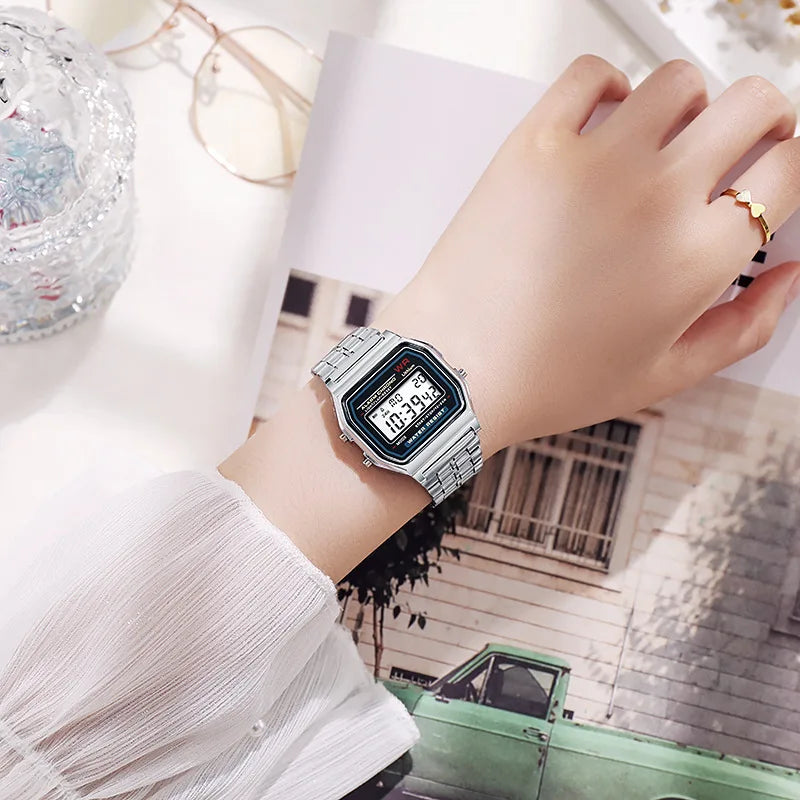 Relojes de lujo de oro rosa para hombres y mujeres, pantalla digital electrónica, reloj estilo retro