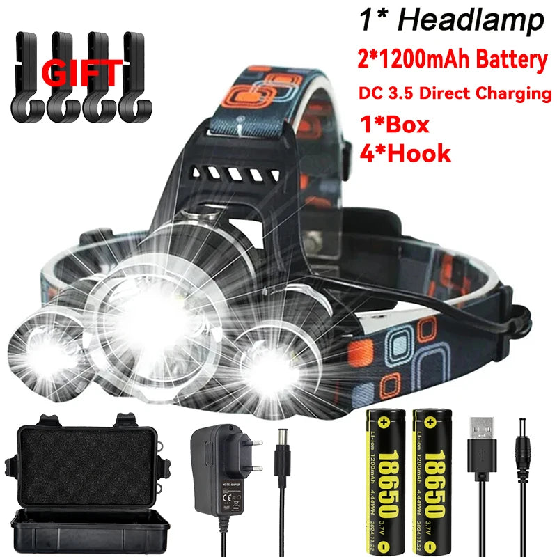 Lampe frontale rechargeable USB 2*18650, puissante lampe torche LED, lanterne étanche, lampe frontale portable pour la pêche et le camping