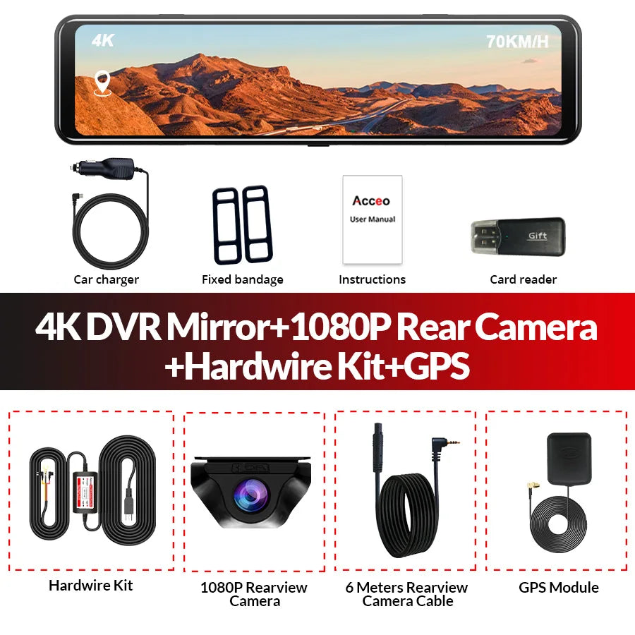 Dashcam 4K WiFi GPS 12" Tactile IPS — Rétroviseur Caméra Recul Enregistreur