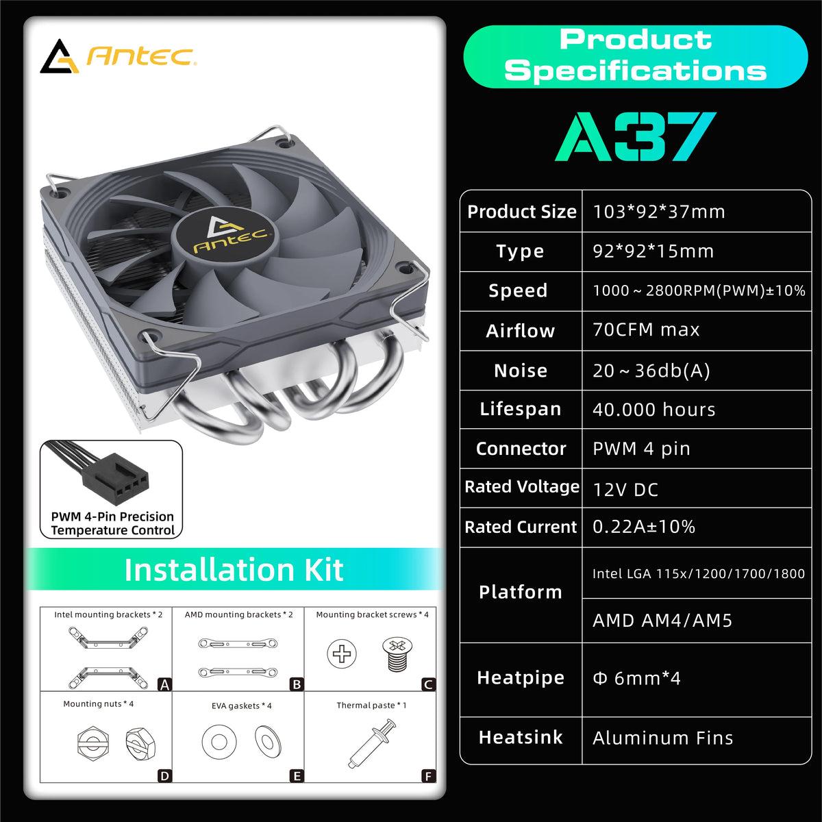 Antec A37 37mm ITX refroidisseur de processeur à profil bas 92mm ventilateur PWM 130W-TDP pour Intel/AMD 12.8 W/m.K pâte, Compatible I5-12400F/Ryzen-7500F