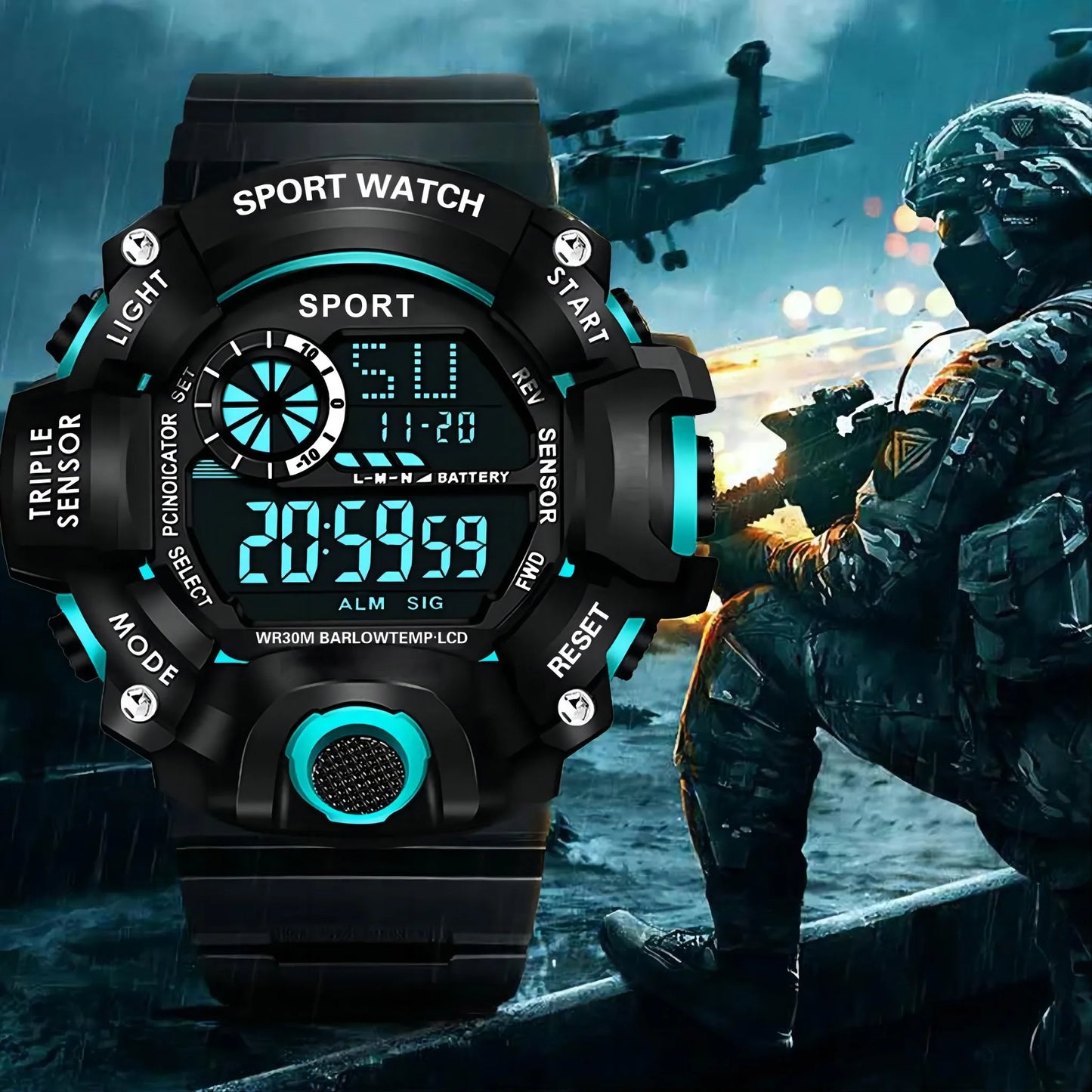 Reloj de pulsera deportivo electrónico de moda para hombre, esfera grande multifuncional impermeable, alarma luminosa, reloj militar para niños y hombres