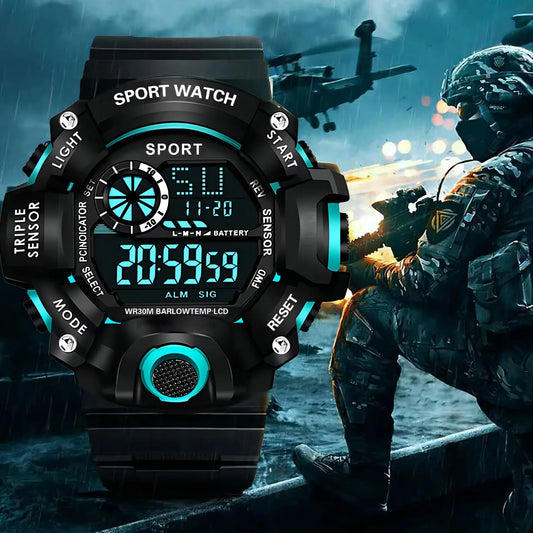 Men's fashion sports watch electronic wristwatch large dial multifunctional waterproof luminous alarm children's military watch for men