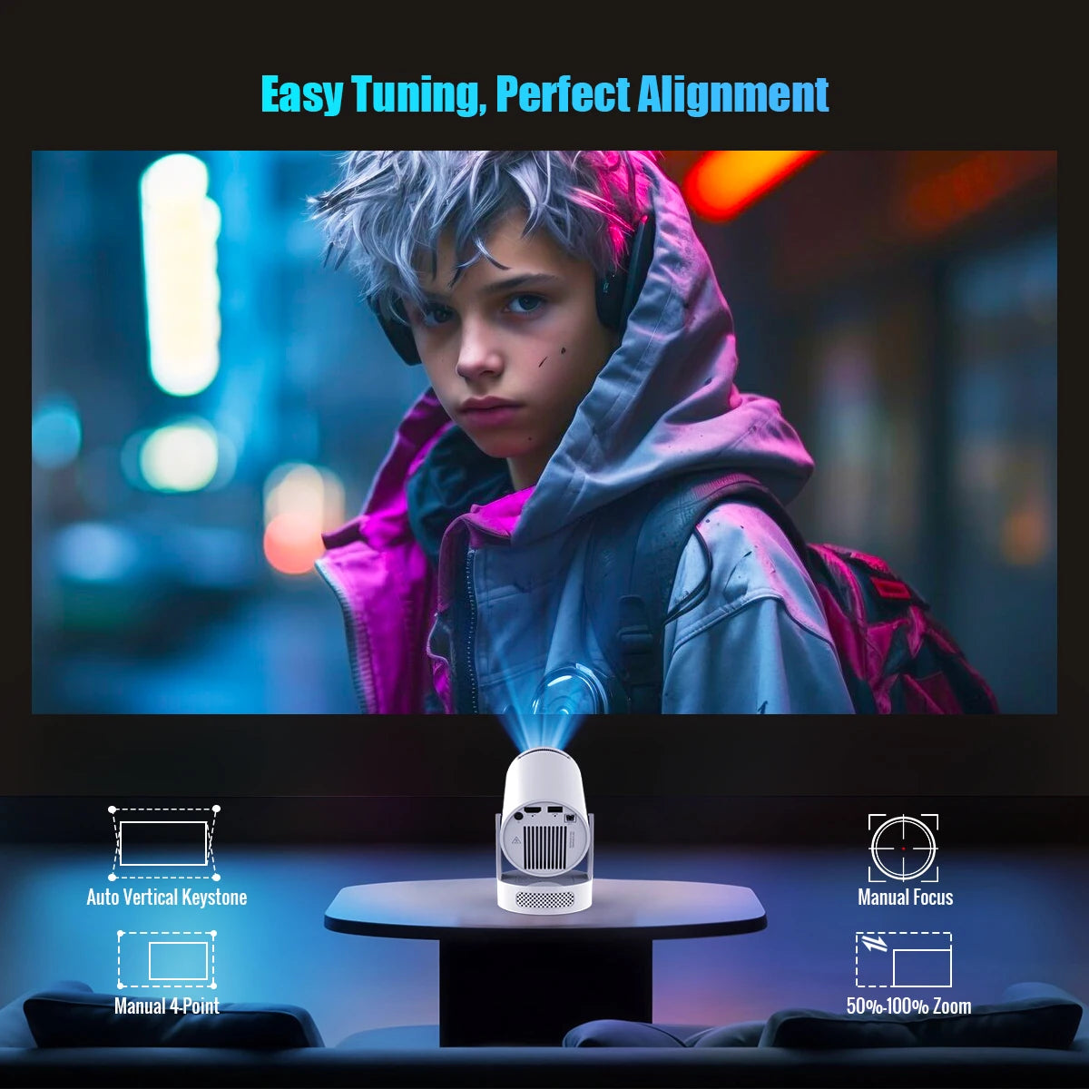 Projecteur 4K 720P Android 11 — WiFi6, BT5.4, 8000 lumens, haut-parleur 5W, cinéma maison extérieur