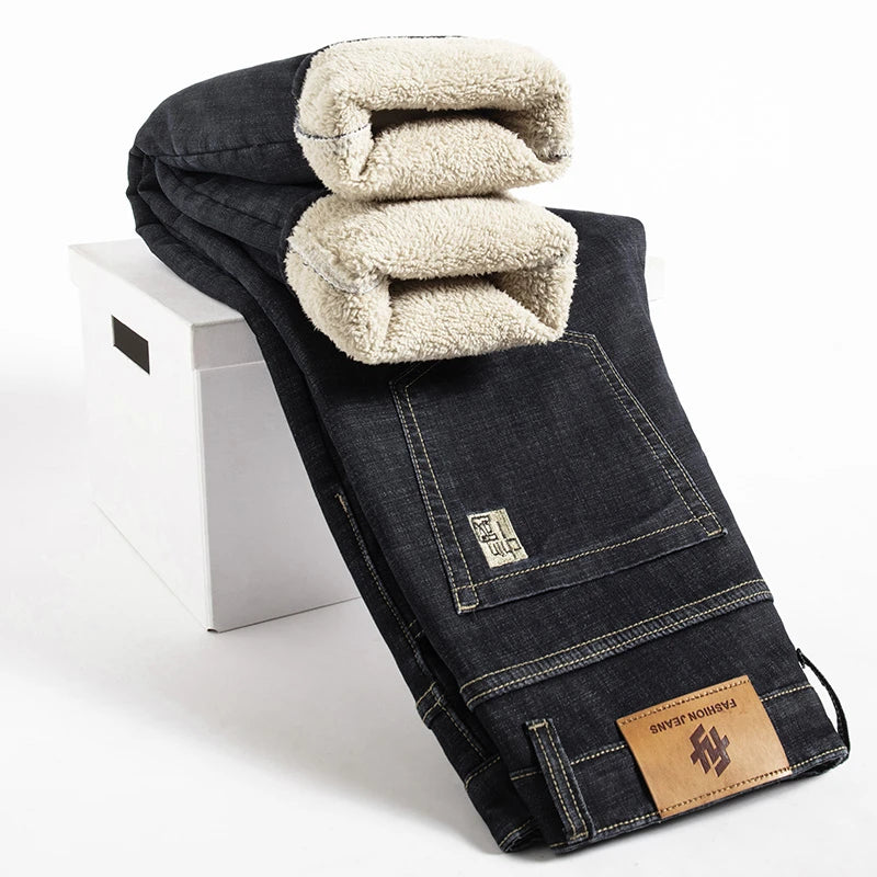 Winter Lamb Plush Denim Straight Pants Men Thicken Plus Size 40 High Waist Jeans Stretch Warm Fleece Lined Slim Vaqueros