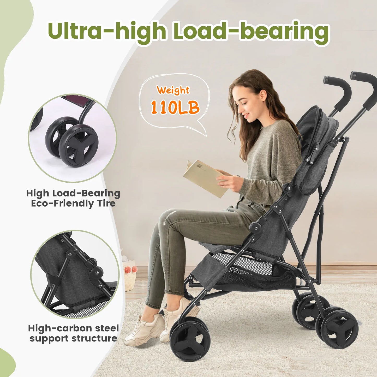 Lightweight, high-view folding baby stroller, can sit or lie down, four-wheel shock-absorbing portable travel stroller