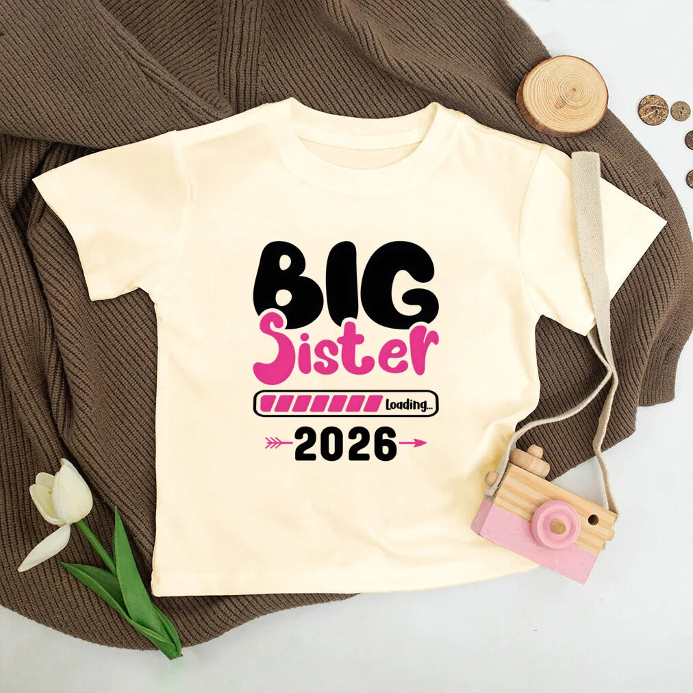 T-shirt enfant grande sœur 2026 — annonce de grossesse, rétro, manches courtes, tenue d'été