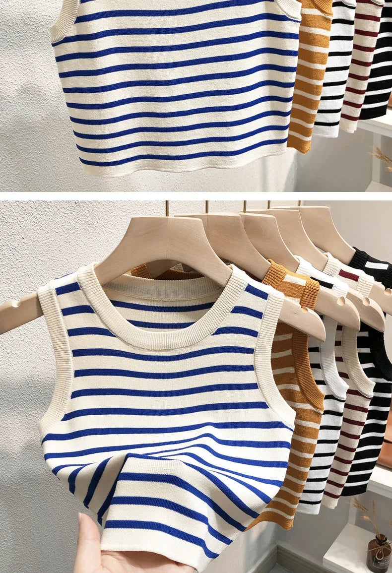 Débardeurs rayés tricotés sans manches pour femme, collection Printemps-Été 2026, style crop top, coupe ajustée élastique, décontracté, pull-over, camisole