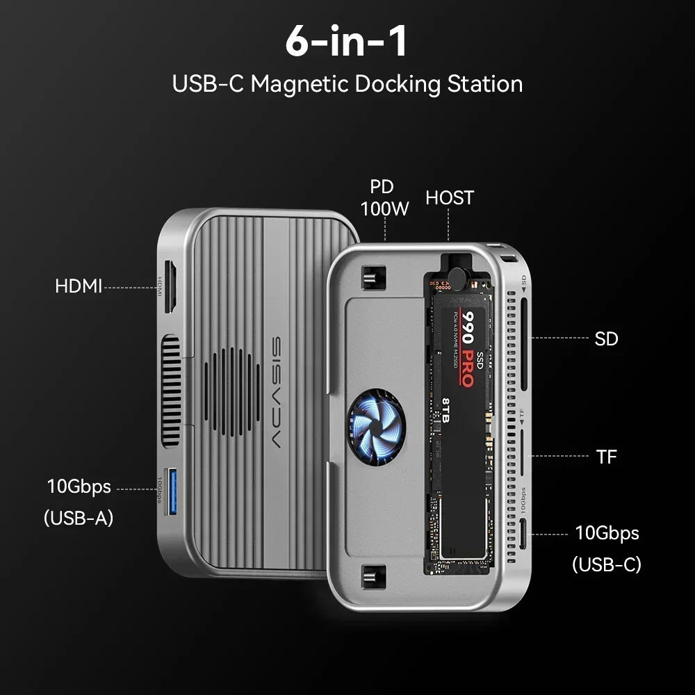 Boîtier SSD NVMe M.2 magnétique Acasis 10 Gbit/s et station d'accueil USB-C TF/SD 3.0 4K 60 Hz pour iPhone 17/17 Pro/iPhone 16/16 Pro