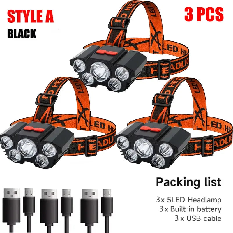 Lampe de poche à 5 LED, Rechargeable, avec batterie au Lithium intégrée, phare puissant, pour Camping, aventure, pêche, cyclisme