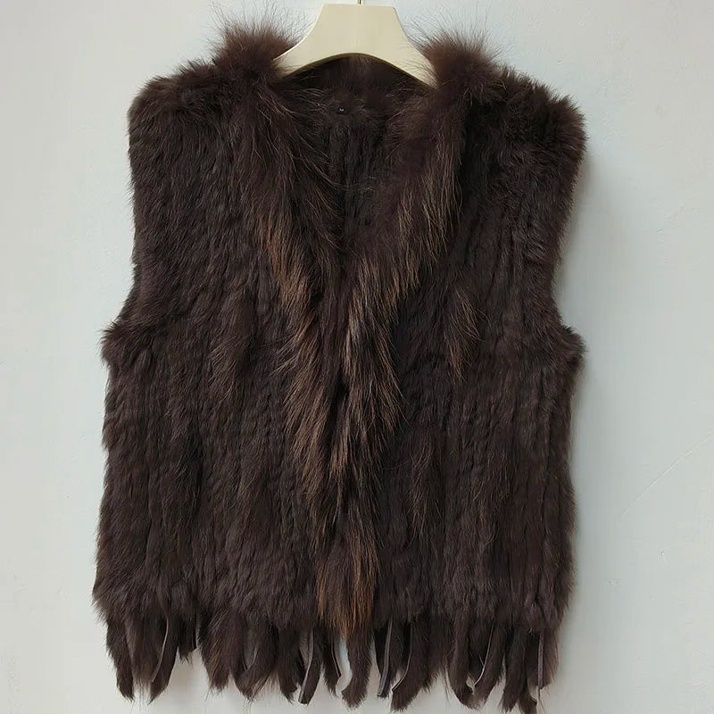 Gilet tricoté en vraie fourrure de lapin naturelle avec pompon, Gilet chaud sans manches pour femmes, avec garniture en vraie fourrure de raton laveur