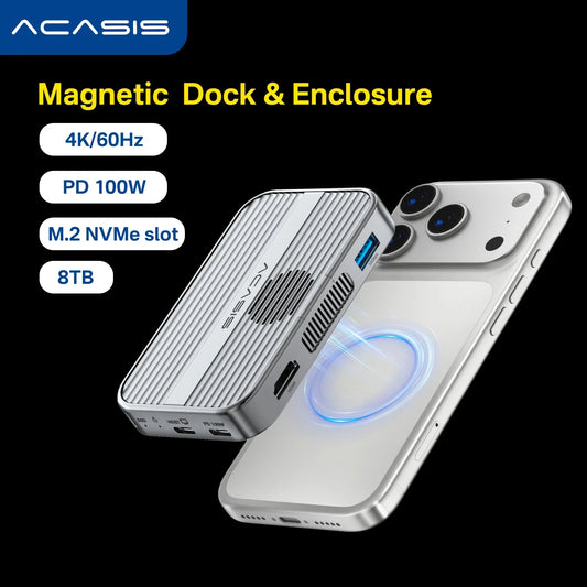 Boîtier SSD NVMe M.2 magnétique Acasis 10 Gbit/s et station d'accueil USB-C TF/SD 3.0 4K 60 Hz pour iPhone 17/17 Pro/iPhone 16/16 Pro