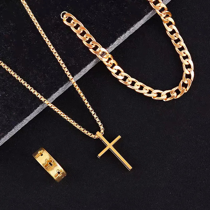 Best Seller New 3-Piece Cross Jewelry Set | Chain Bracelet Ring Necklace | Fashion Religious Accessories for Women and Men, Daily and Gift