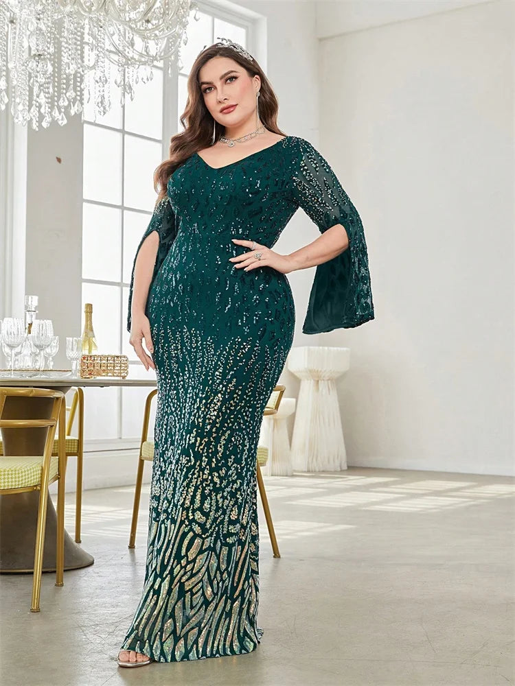 Grande taille élégante paillettes noir robe de soirée 2025 femmes formelle Maxi bal manches longues fête luxe robe de Cocktail