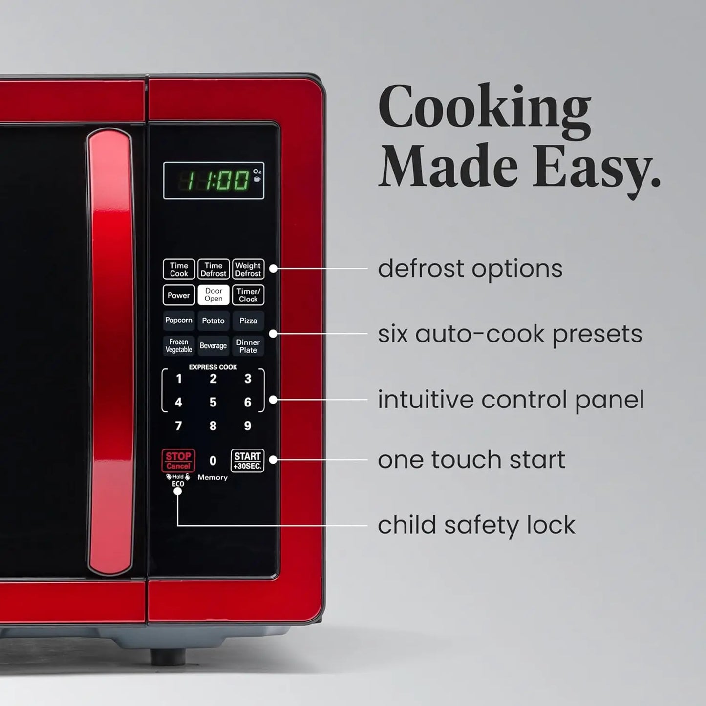 Microondas de encimera de 1,1 pies cúbicos, 1000 W, cocción automática, descongelación, fácil limpieza, seguro para niños, rojo metálico