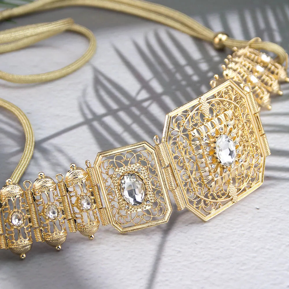 Gold Color Handmade Rope Belt, Algerian Moroccan Caftan for Women, Crystal Bridal Jewelry, Arab Festival Jewelry