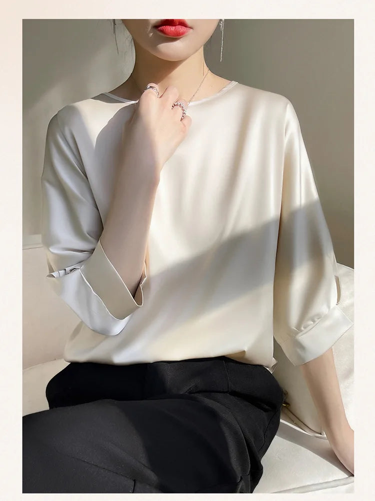 Nouveauté 2026 – T-shirt basique en satin de soie à manches courtes pour femme, col rond, coupe décontractée et légère, chemisier ample pour femme