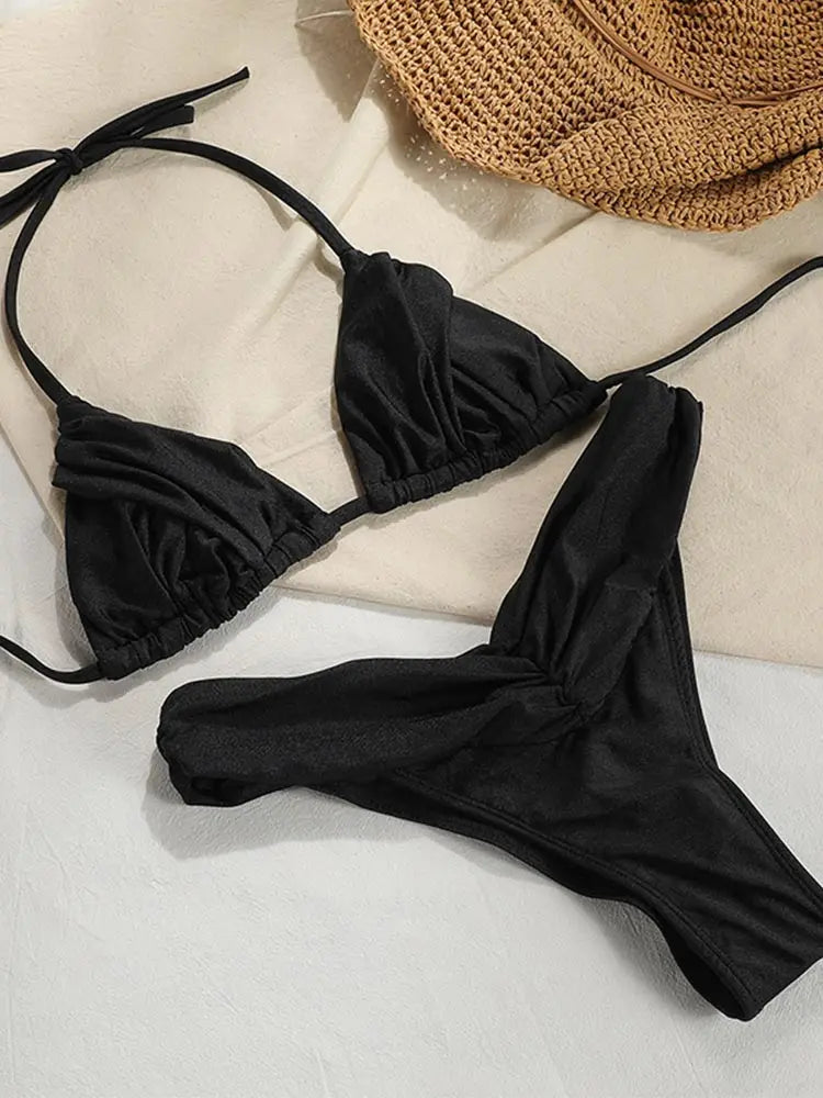 Sexy plis Bikini ensemble solide Micro Bikinis femmes maillot de bain femme Triangle maillots de bain vêtements de plage maillot de bain