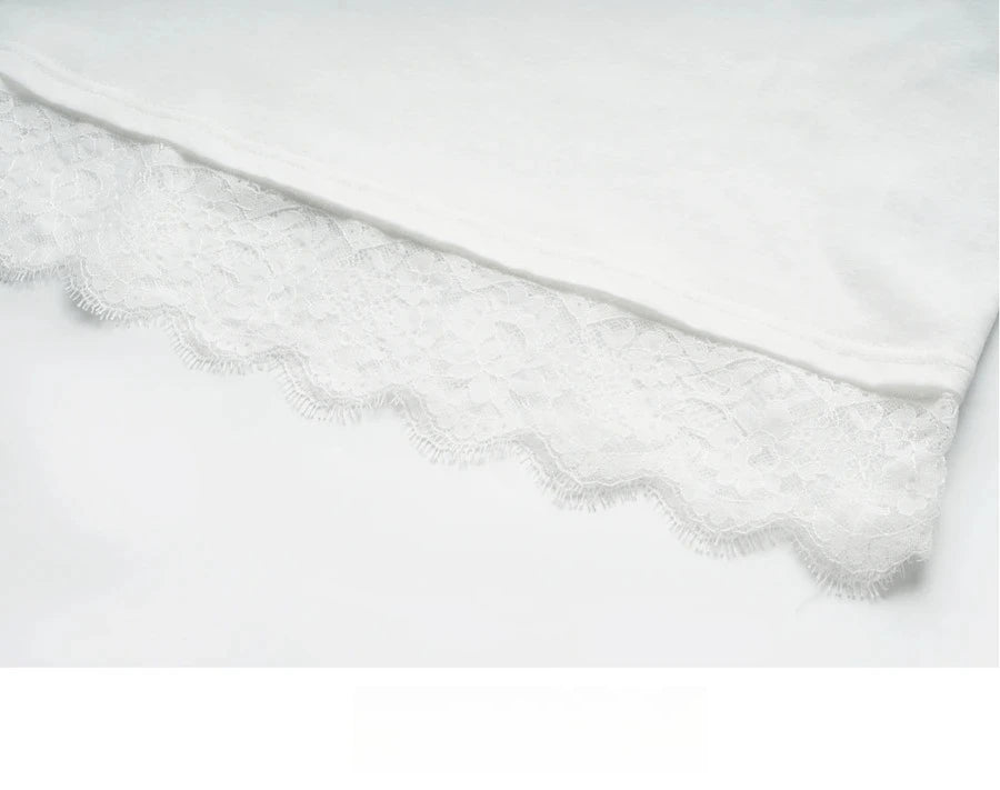 T-shirt femme en coton blanc automne 2026 — décontracté, ample, col rond, manches longues en dentelle